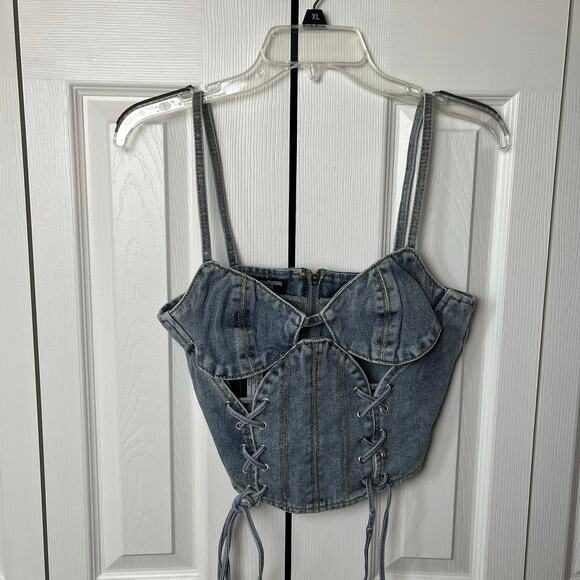 Pretty Little Thing Petite Light Blue Wash Denim Lace Up Corset 6 - Picture 1 of 8